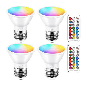 Bombillas LED iLC equivalente a 40 W, cambio de color, tornillo E26 de 45°, 12 colores regulables, luz blanca cálida, 2700 K, RGB, foco LED con control remoto de 5 W, (paquete de 4)