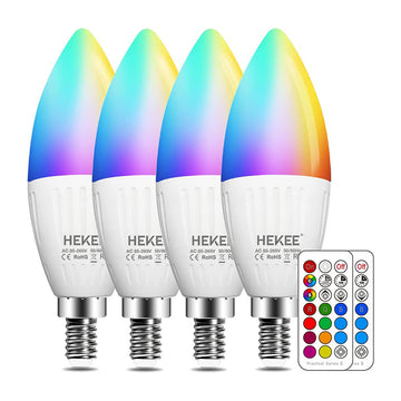 HEKEE Bombillas LED para candelabro E12, vela que cambia de color, equivalente a incandescente de 40 W, 450 lúmenes, RGB + 2700 K blanco cálido, 5 vatios, 12 colores, 2 modos, temporizador, control remoto (paquete de 4)