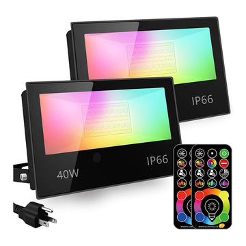 HEKEE Projecteur LED d'extérieur, équivalent 400 W RVB à changement de couleur, mode stroboscopique DIY, 120 couleurs, synchronisation, 4000 lumens, RGBW 2700 K blanc chaud, spot étanche IP66 (lot de 2)