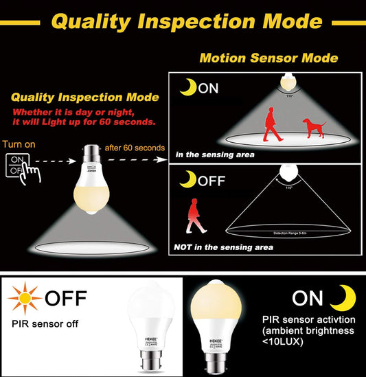 HEKEE Bombilla LED con sensor de movimiento 9W A19 PIR IR incorporado equivalente a 60W brillante 810 lúmenes base E26 bombillas de color blanco cálido (2 paquetes)