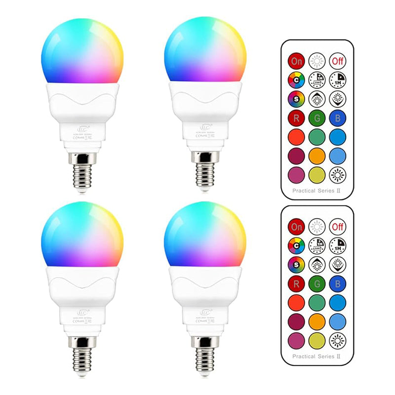 ILC Bombillas LED E12 (equivalente a 40 W) 5 W, RGB que cambia de color, bombilla redonda de candelabro de base pequeña A15, base de vela, blanco cálido de 2700 K, 12 colores, 2 modos de sincronización con control remoto (paquete de 4) 