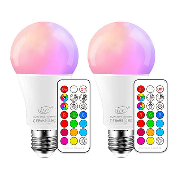 iLC Color Changing LED Light Bulbs, 70W Equivalent, 2700K Warm White A19 E26 Screw Edison Base RGBW Dimmable - 12 Color Choices - Timing Infrared Remote Control Included (2 Pack)