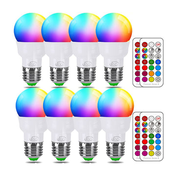 iLC RGB LED Light Bulb, Color Changing Light Bulb, 40W Equivalent, 450LM, 2700K Warm White 5W E26 Screw Base RGBW, Flood Light Bulb- 12 Color Choices - Timing Infrared Remote Control (8 Pack)
