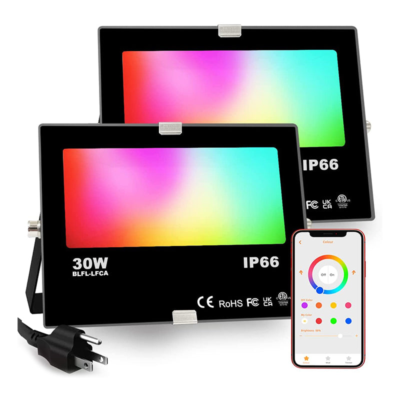 LED Flood Light, 300W Equivalent, Bluetooth APP Controlled RGB Color Changing, Outdoor Smart Floodlights 2700K Warm White & 16 Million Colors, DIY Modes, Grouping, Timing, IP66 Waterproof (2 Pack)