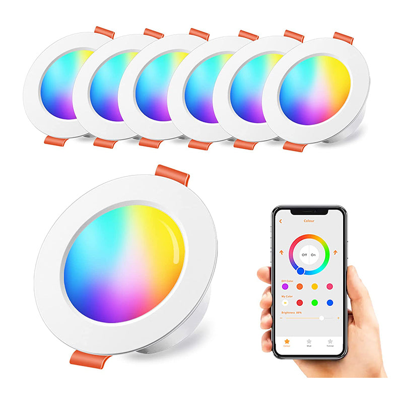 Spots encastrables LED, 12 W contrôlés par application Bluetooth, changement de couleur RVB, 10,2 cm, blanc chaud 2 700 K, équivalent 100 W, plafonniers encastrés (6 paquets) 