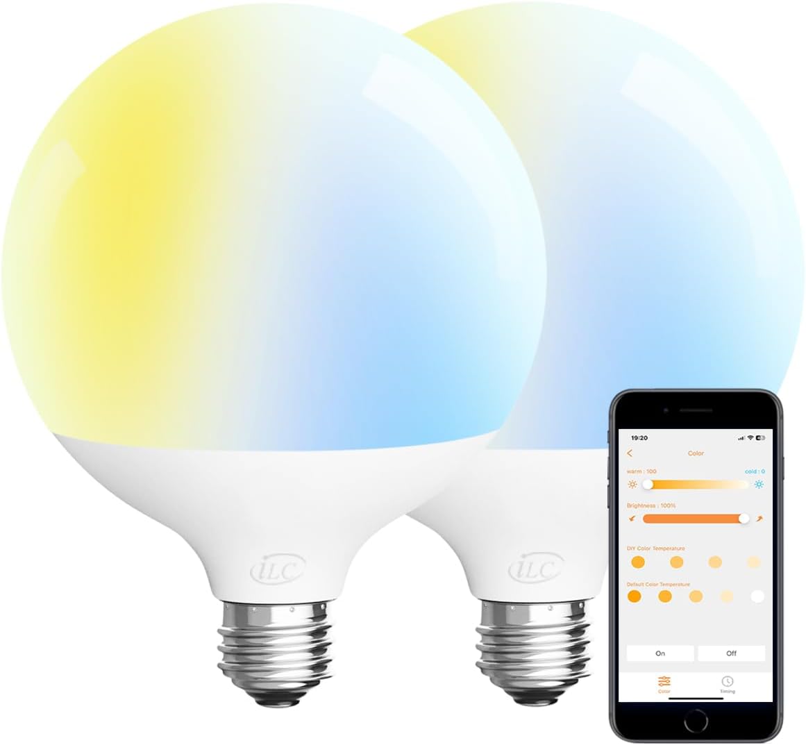 ILC G120 LED Large Globe Light Bulbs 15W, Work with Alexa, Φ 4.72 inch, 150W Equivatlent, Color Temprature Turnable 2700K-6000K, CRI>95+, E26 Base (2 Pack)