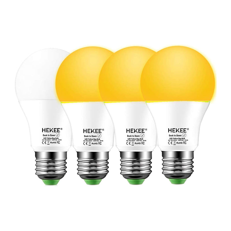 HEKEE Dämmerungs- bis Morgendämmerungs-Glühbirnen, A19, 8 W, 720 Lumen, Veranda-Außenbeleuchtung, 60-Watt-Äquivalent, bernsteinfarbene LED-Orange-Gelb-Sensorbirne, Sicherheitsbirne (automatisches Ein-/Ausschalten), E26-Schraubsockel (4 Stück) 