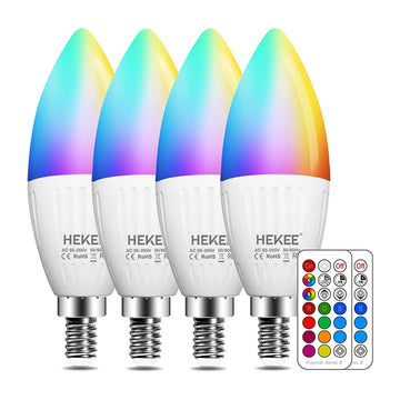 HEKEE Bombillas LED para candelabro E12, vela que cambia de color, equivalente a incandescente de 40 W, 450 lúmenes, RGB + 2700 K blanco cálido, 5 vatios, 12 colores, 2 modos, temporizador, control remoto (paquete de 4) 
