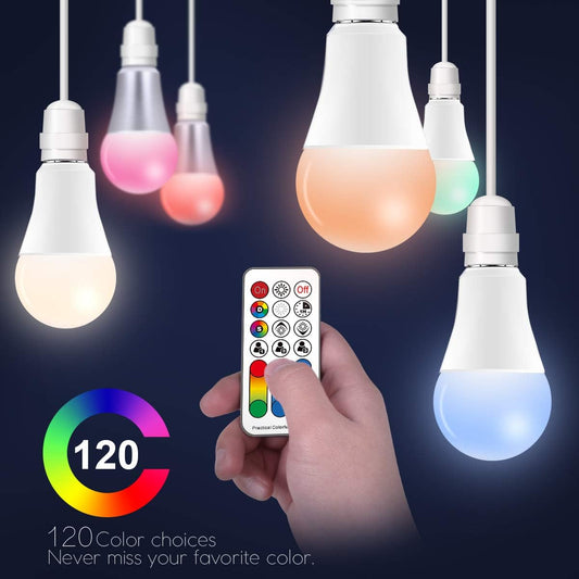 ILC RGB Bombilla LED, bombilla que cambia de color, equivalente a 40 W, 450 lm, 2700 K blanco cálido 5 W E26 base de tornillo RGBW, bombilla de inundación, 12 opciones de color, control remoto por infrarrojos de sincronización (paquete de 4) 