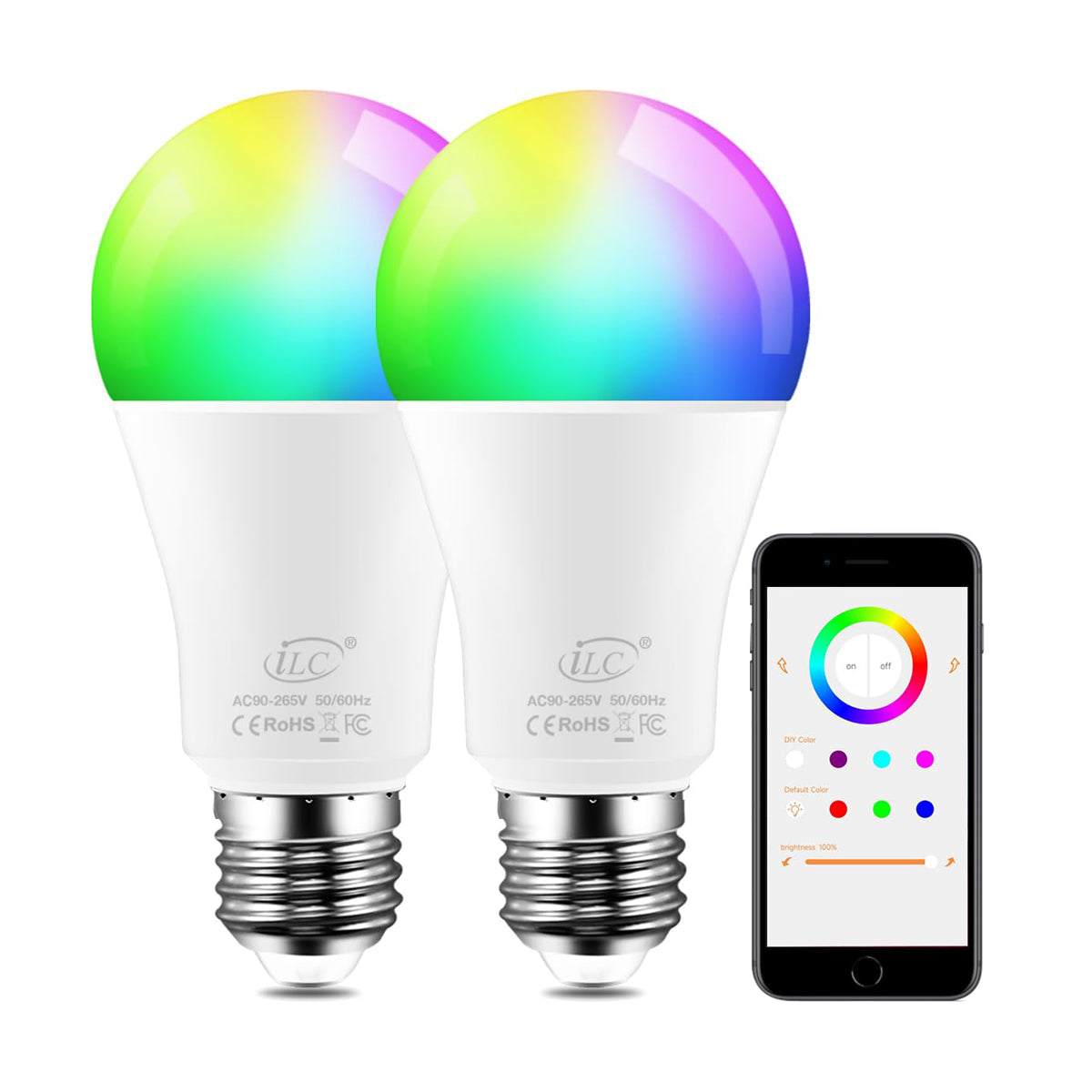 iLC Bombilla LED que cambia de color RGBW 2700K blanco cálido, controlada por aplicación, sincronización con música, regulable RGB multicolor equivalente a 70 W, tornillo Edison E26 (paquete de 2)