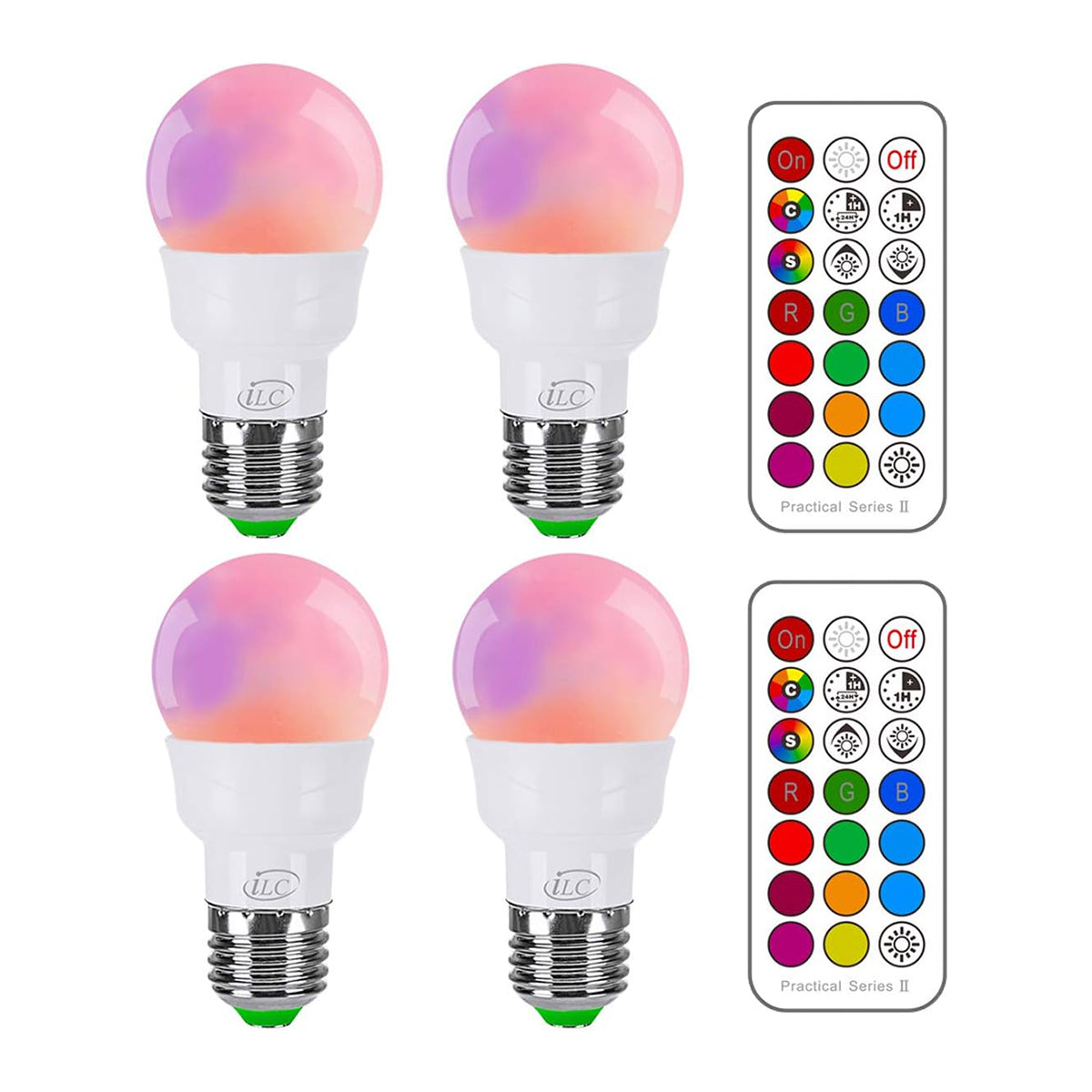 iLC RGB-LED-Glühbirne, Farbwechsel, entspricht 40 W, 450 lm, dimmbar, 5 W, E26-Schraubsockel, RGBW, Stimmungslicht-Flutlicht-Glühbirne – 12 Farbauswahl – Timing-Infrarot-Fernbedienung im Lieferumfang enthalten (4 Stück) 