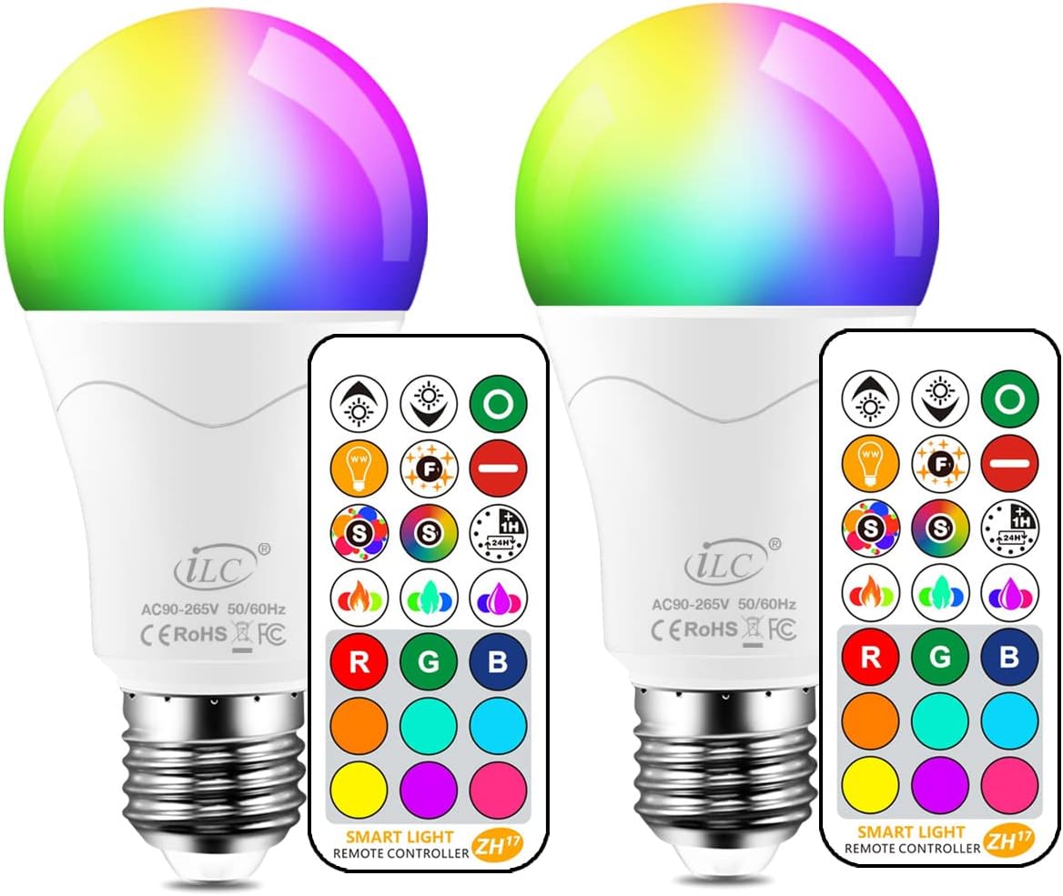 Bombilla LED ILC equivalente a 85 W, luz blanca diurna de 5700 K, bombillas que cambian de color con control remoto RGB 6 modos, sincronización, sincronización, base de tornillo E26 regulable (paquete de 2) 