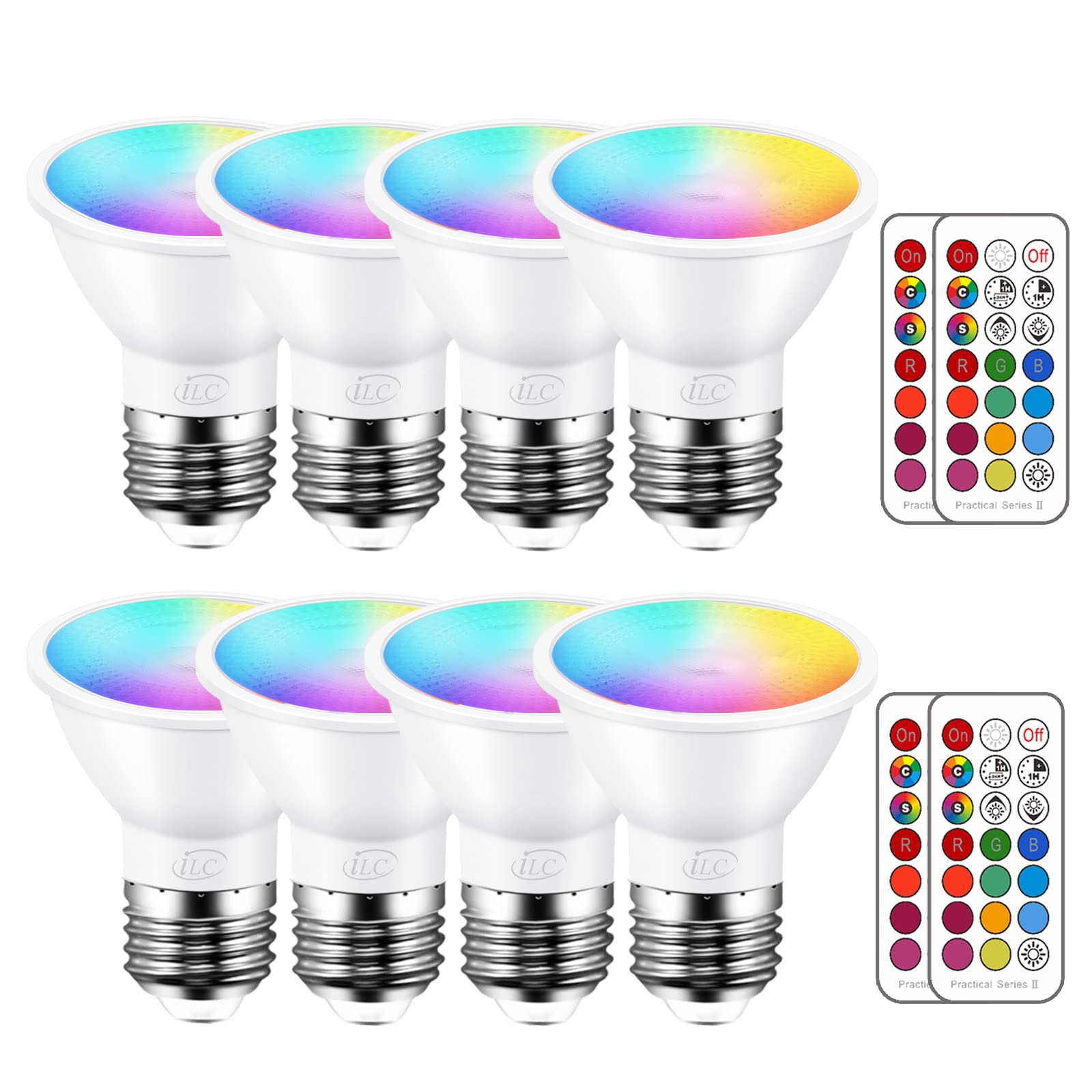 ILC Par16 Bombillas LED equivalentes a 40 W que cambian de color E26 con haz de tornillo Angel 45°, 12 colores regulables, luz blanca cálida, 2700 K RGB, foco LED con control remoto de 5 W, (paquete de 8)