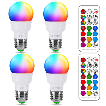 ILCHE RGB LED Color Changing Light Bulb, 40W Equivalent, 450LM, 2700K Warm White 5W E26 Screw Base RGBW, Flood Light Bulb- 12 Color Choices - Timing Infrared Remote Control (4 Pack)